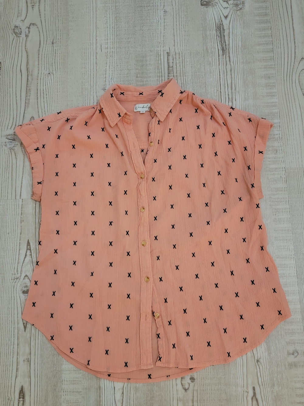 Peach Short-Sleeve 100% Cotton Button-Front Shirt with Black X Print Embroidery